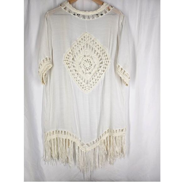 VIVID IMPORTERS WHITE CROCHET FRINGE COVER-UP CARDIGAN – SIZE L – BOHO STYLE - Picture 2 of 13